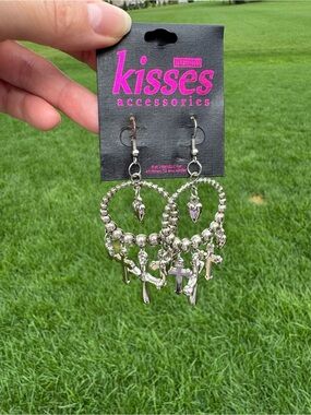 $12 or 3/$30! Silver Beaded Hoop Earrings with Cross & Heart Charms